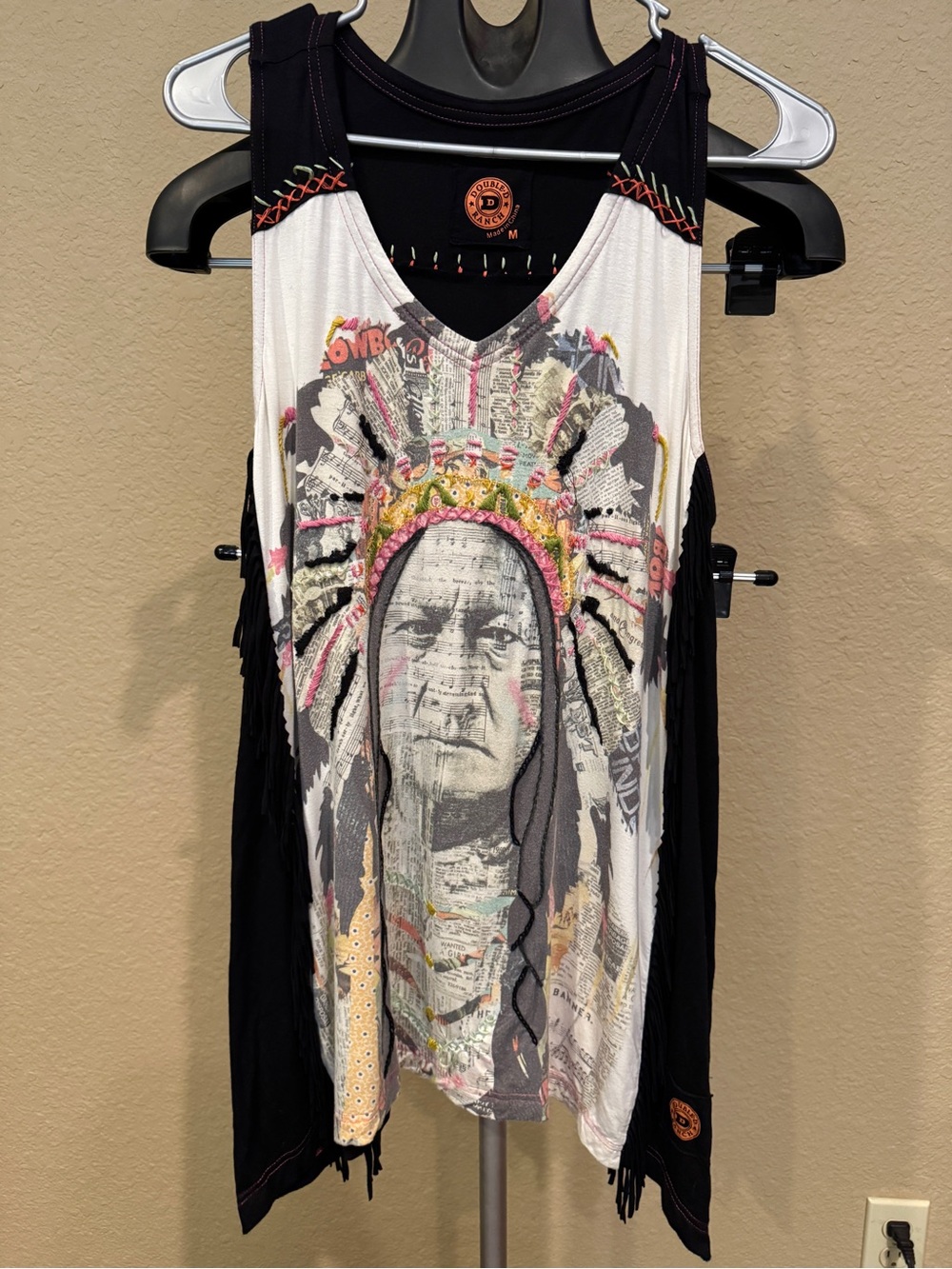 Double D Ranch Black/White Native American Fringe Tank with Pink/Yellow Accents